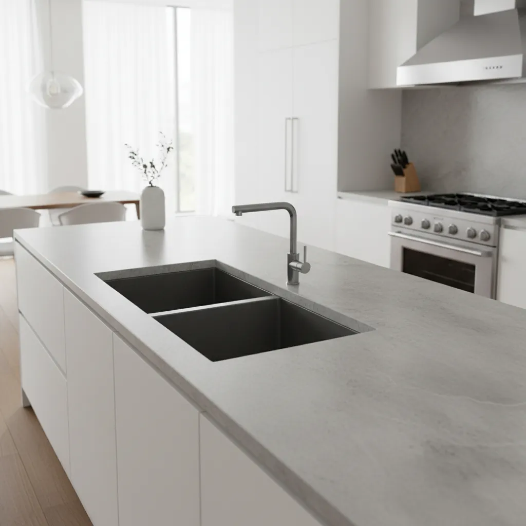 granite composite double bowl sink installed in a contemporary kitchen