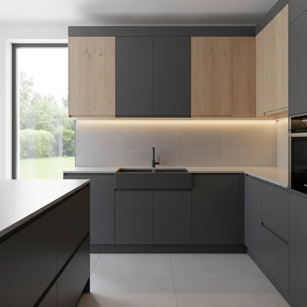 Black granite composite kitchen sink installed in modern modular kitchen