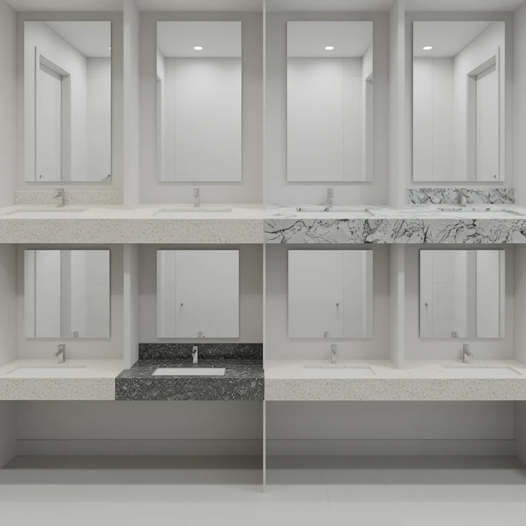 visual comparison of light dark and patterned granite bathroom countertops