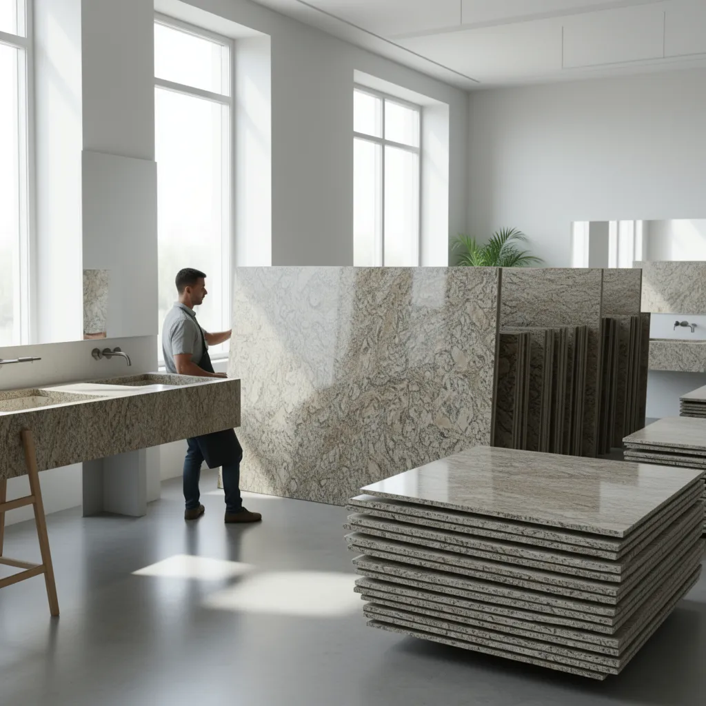 designer reviewing granite countertop samples for bathroom vanity design