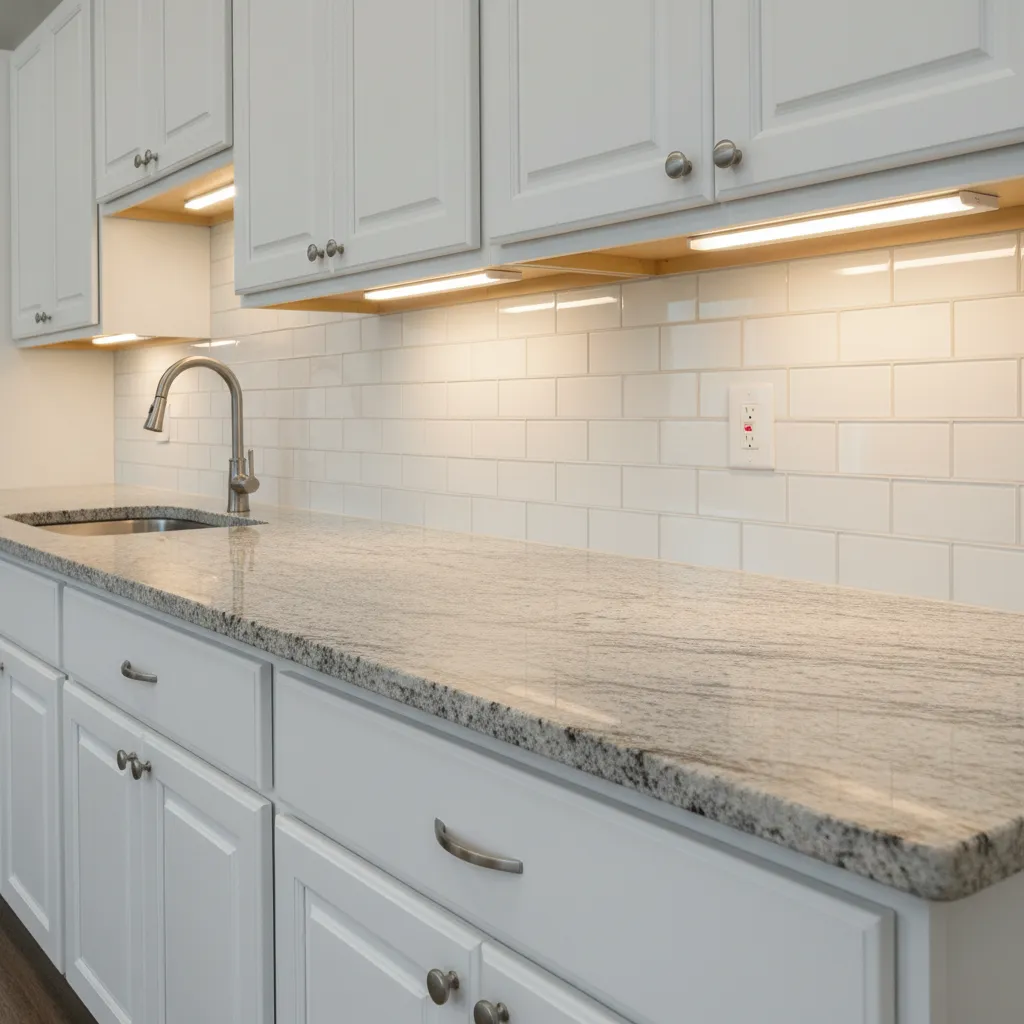 close view of granite countertop with white cabinets and backsplash