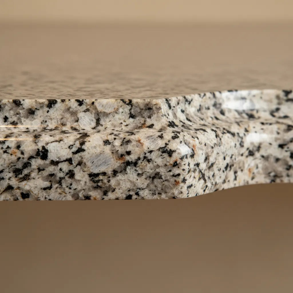 close-up of granite countertop edge profile and polished surface detail