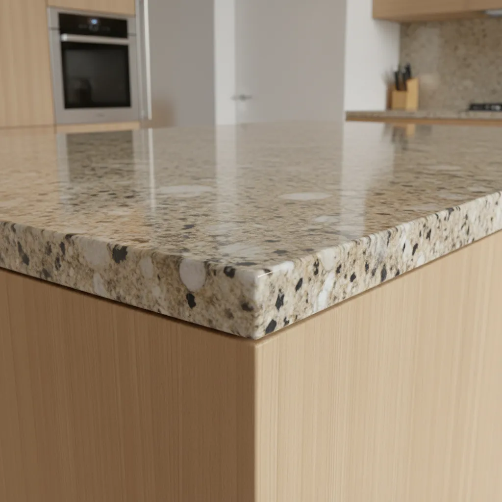 Close up of granite countertop edge profile and polished stone surface