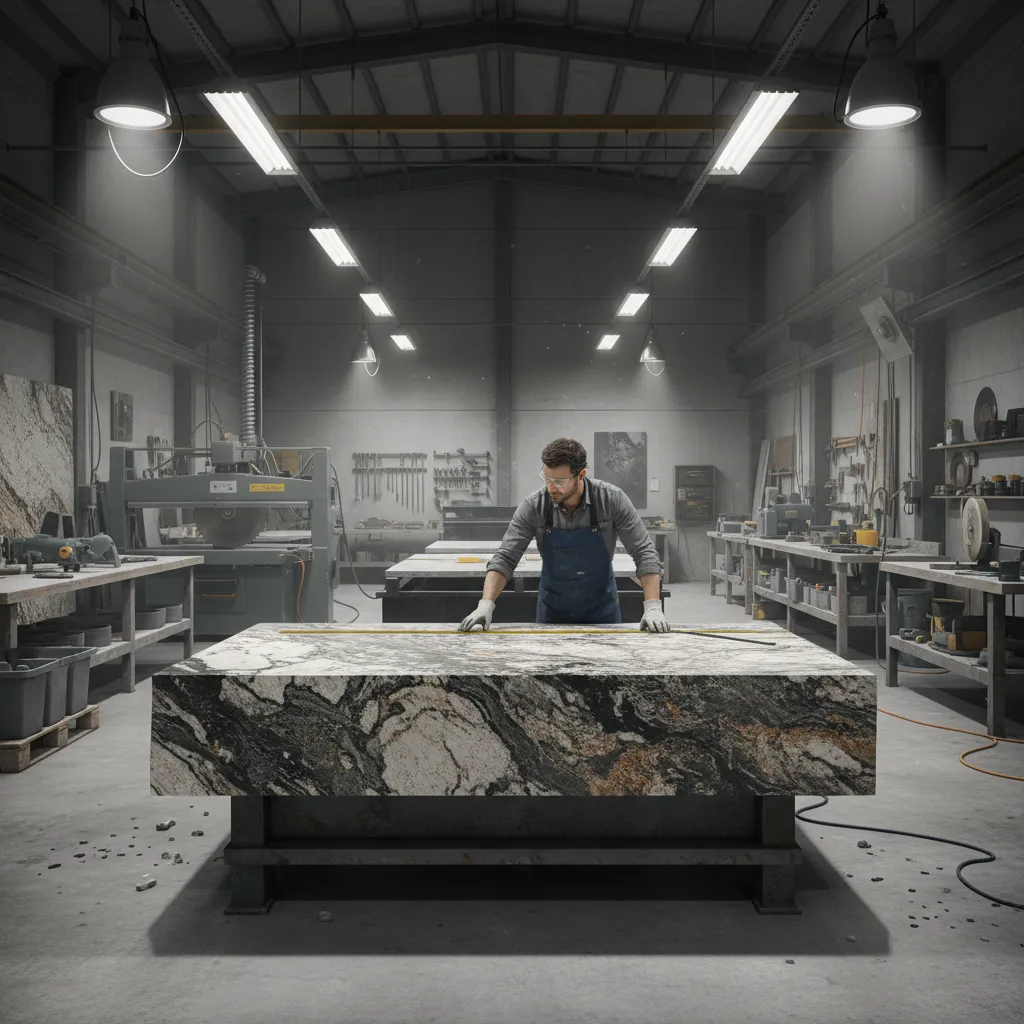 granite slab being measured and cut in fabrication workshop