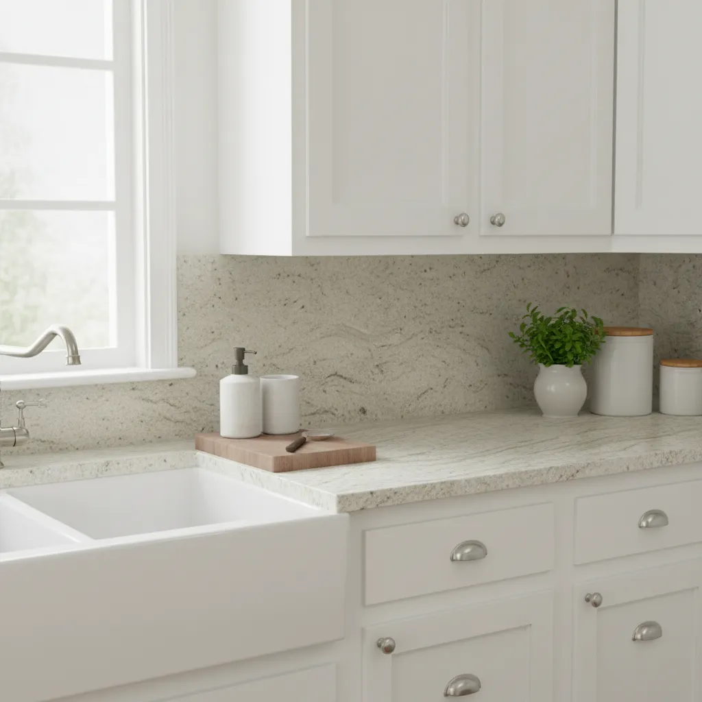 light granite countertop with farmhouse sink and shaker cabinets
