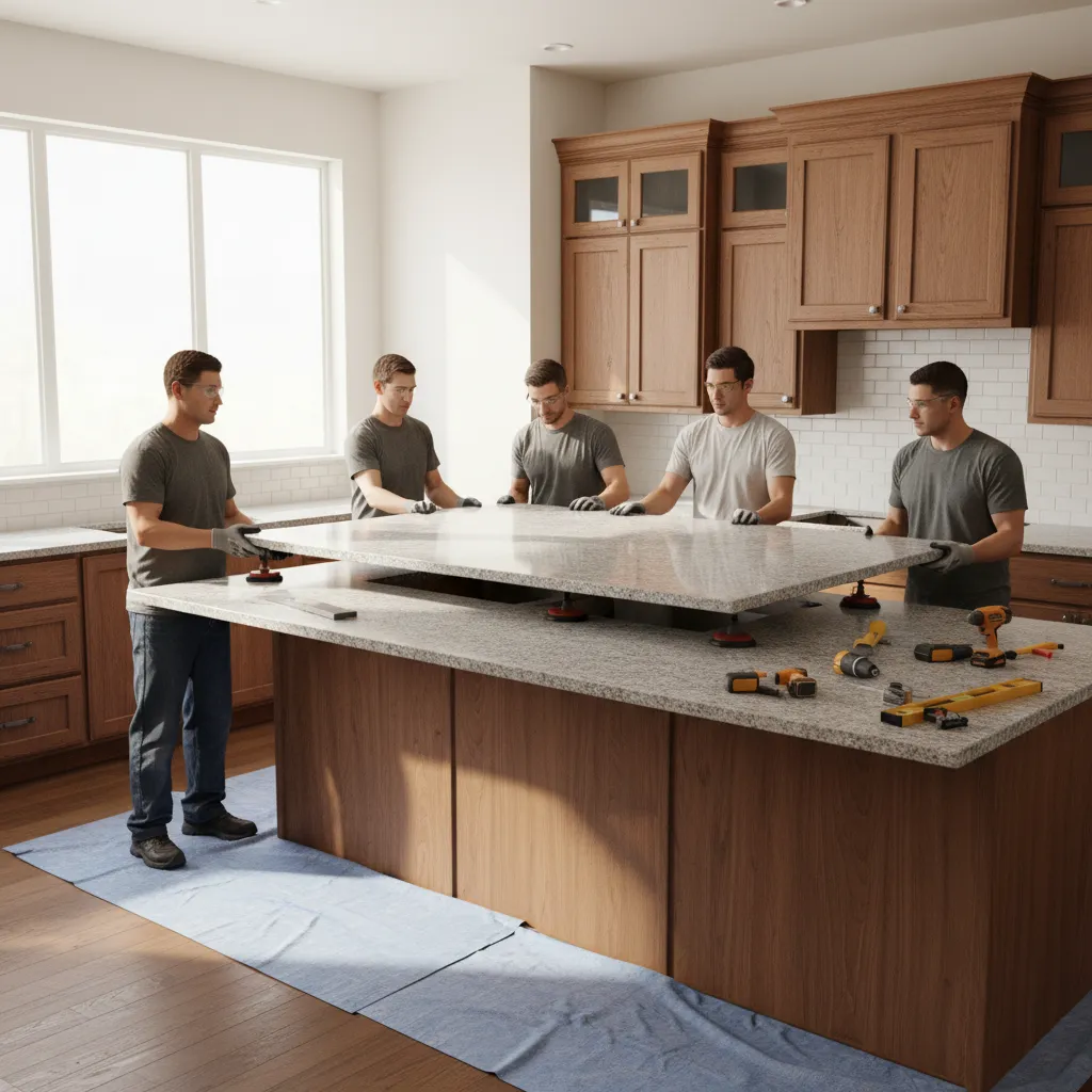 professionals installing granite countertop slab in residential kitchen