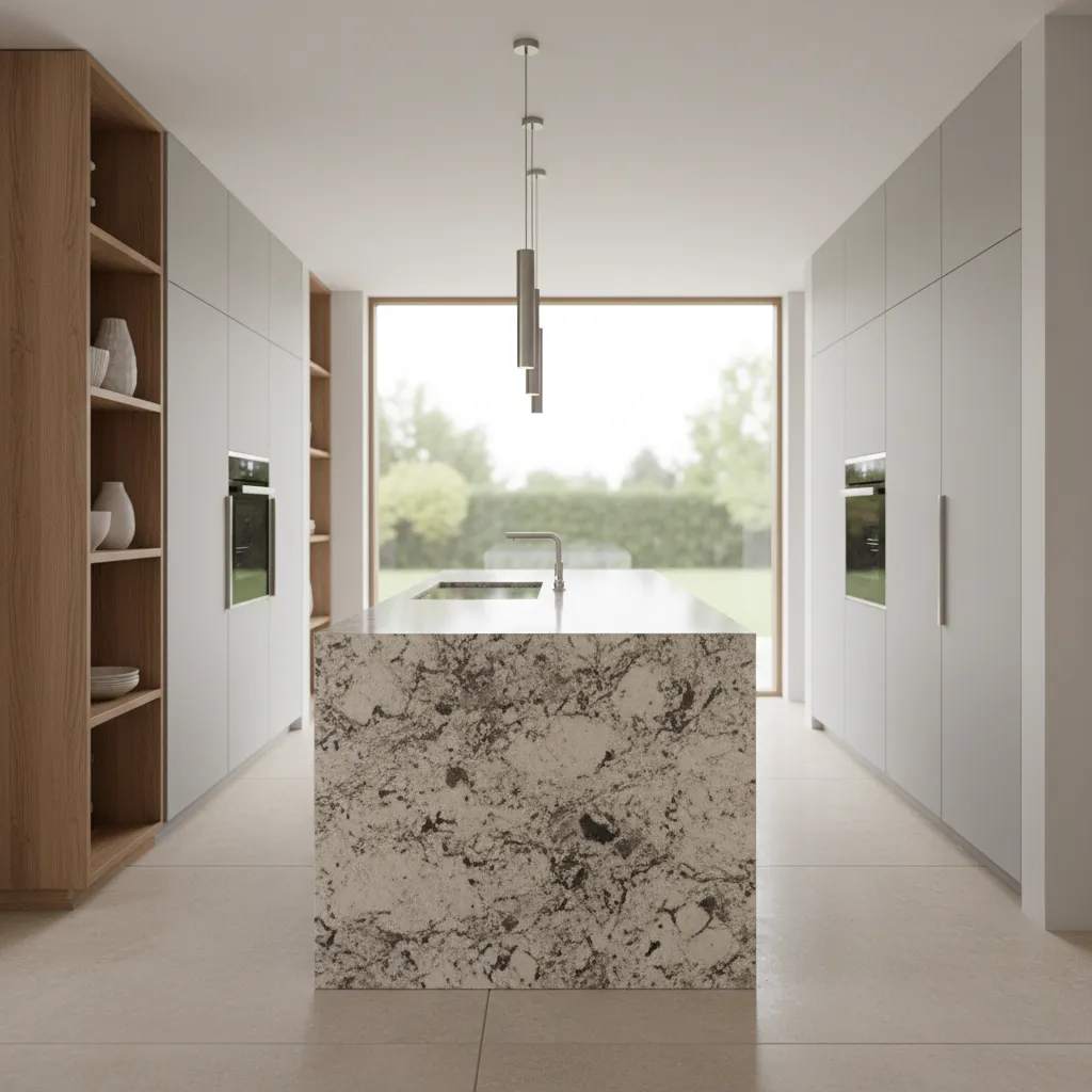 large kitchen island with polished granite countertop and modern cabinets