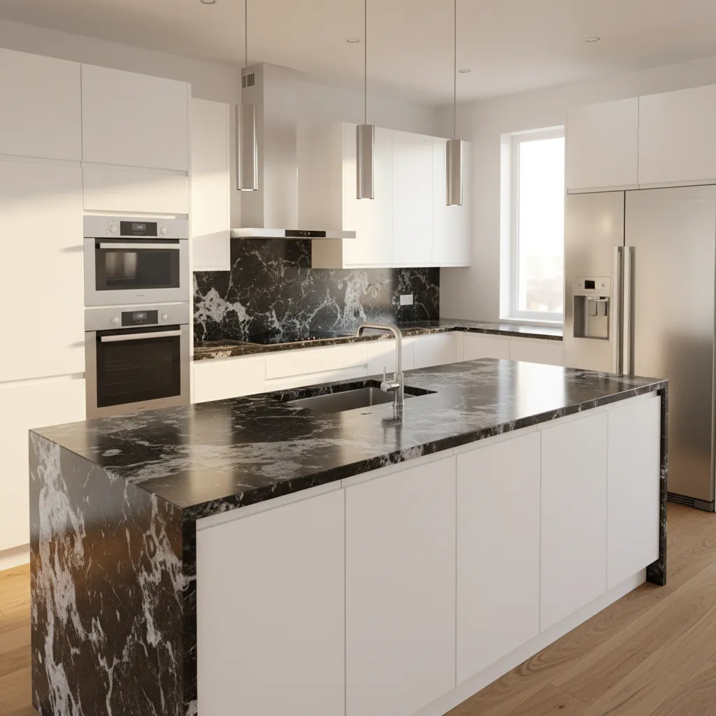 kitchen island with polished granite countertop and natural stone pattern