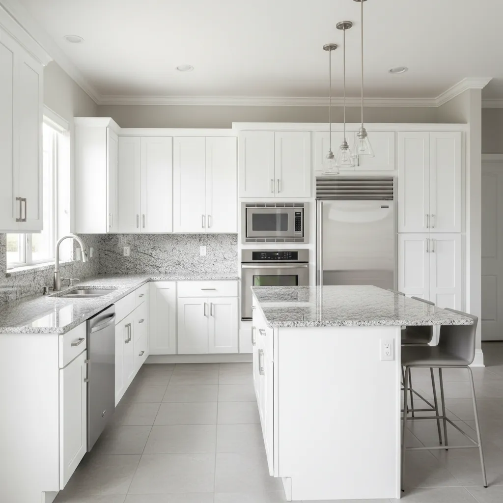 Kitchen interior featuring polished granite countertops and white cabinets