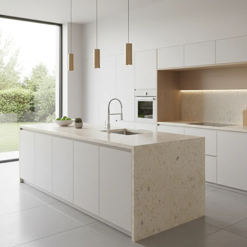 modern kitchen with polished granite countertops and island workspace