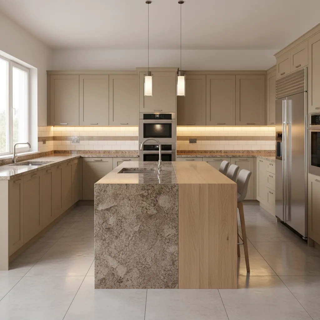 finished modern kitchen with granite countertops and island layout