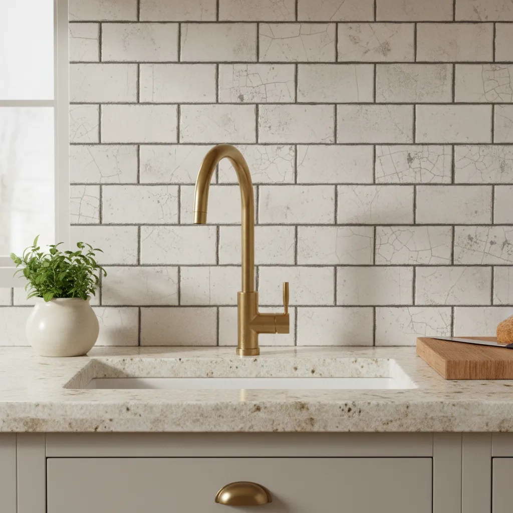 Granite countertop with ceramic tile backsplash in rustic farmhouse kitchen