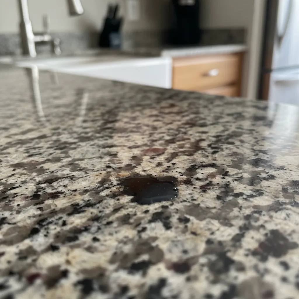 close up of oil stain on granite countertop surface