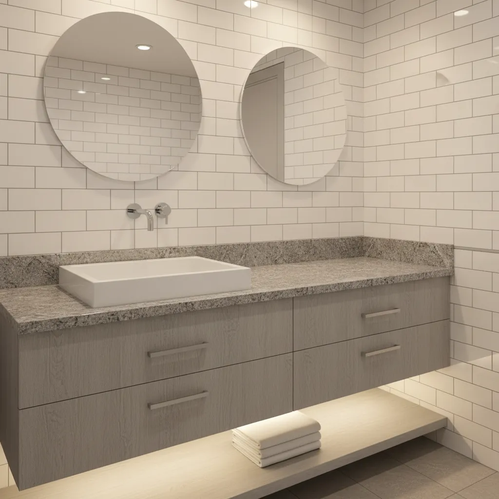 bathroom vanity granite countertop coordinated with wall tiles and chrome fixtures