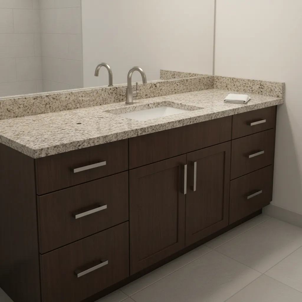bathroom vanity showing granite countertop paired with dark wood cabinets