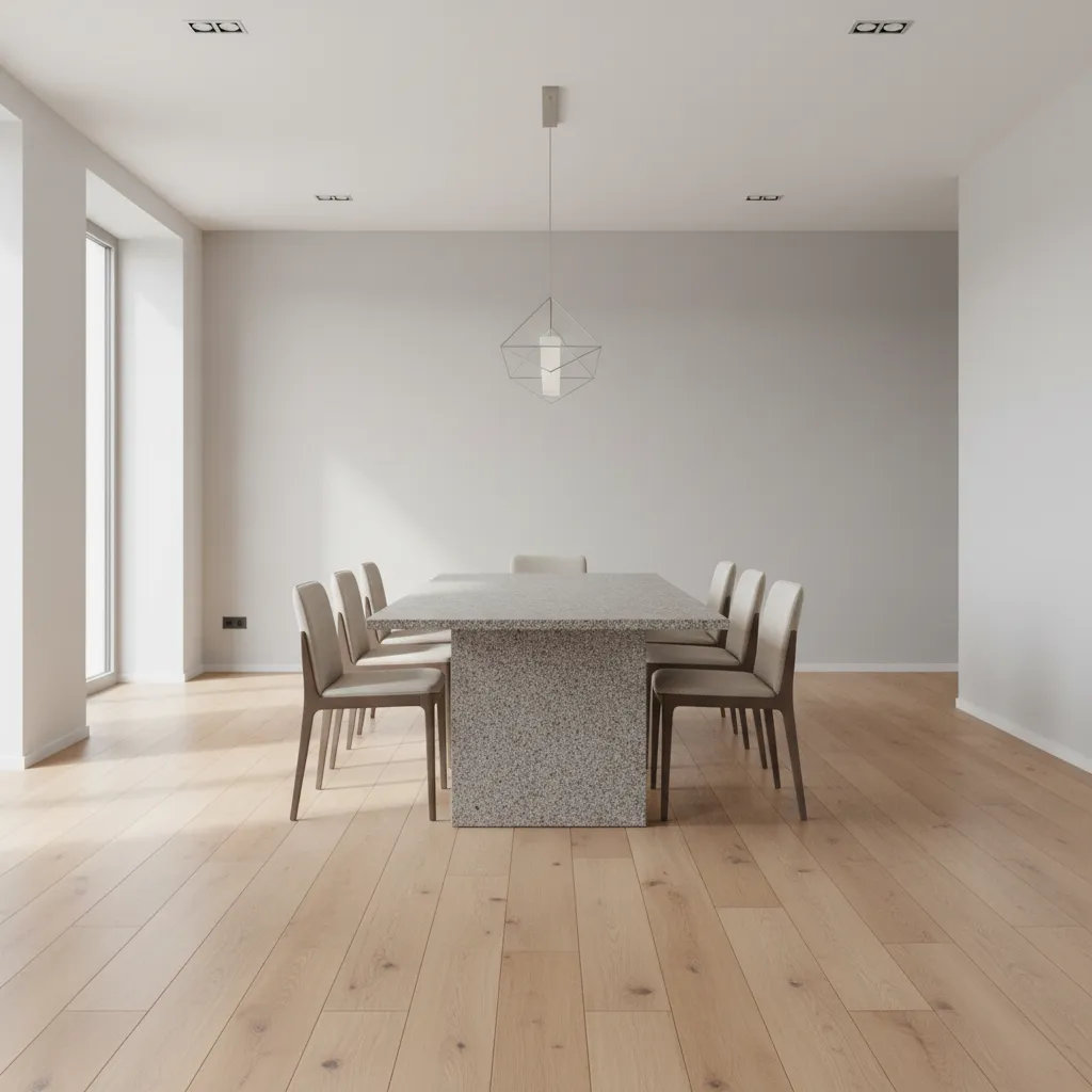 Dining room layout featuring granite table with surrounding space