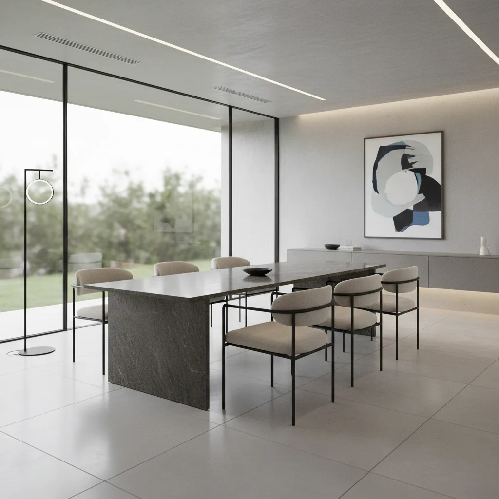 Granite dining table balanced with light modern dining chairs