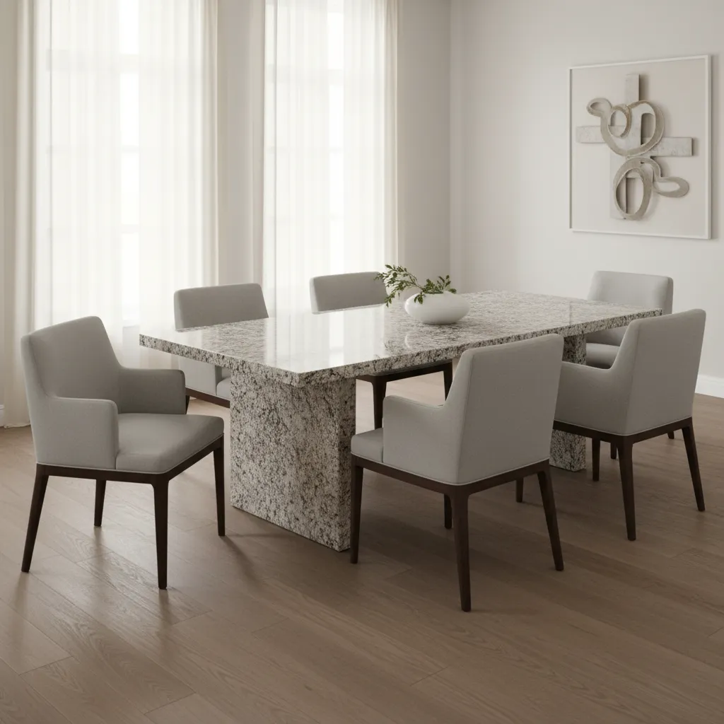 granite dining table with properly proportioned chairs in modern dining room