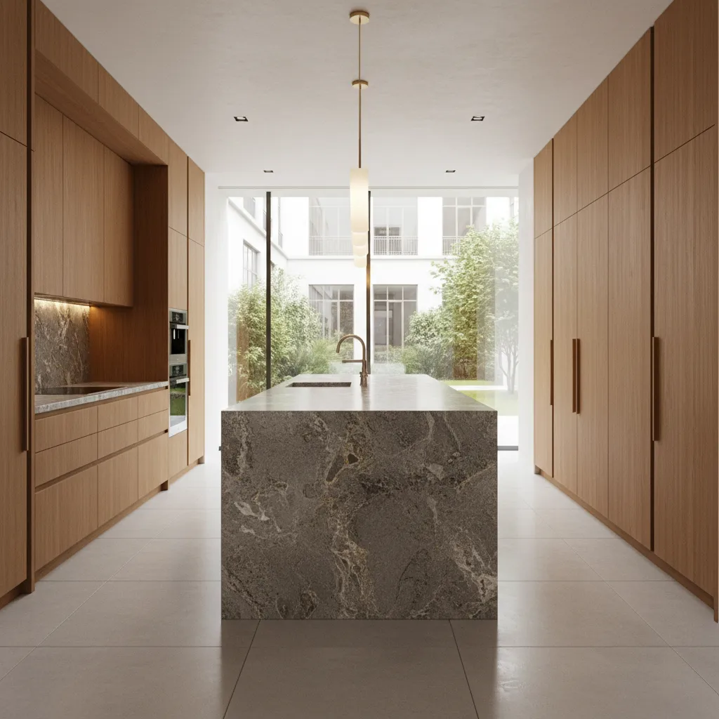 Finished kitchen with large granite island and modern cabinetry