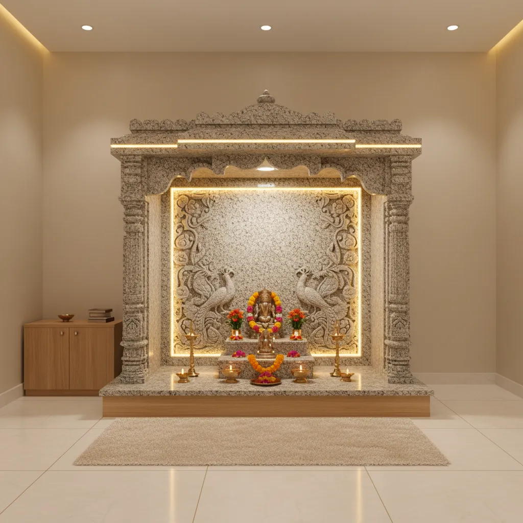 granite pooja mandir with warm LED backlighting highlighting carved details