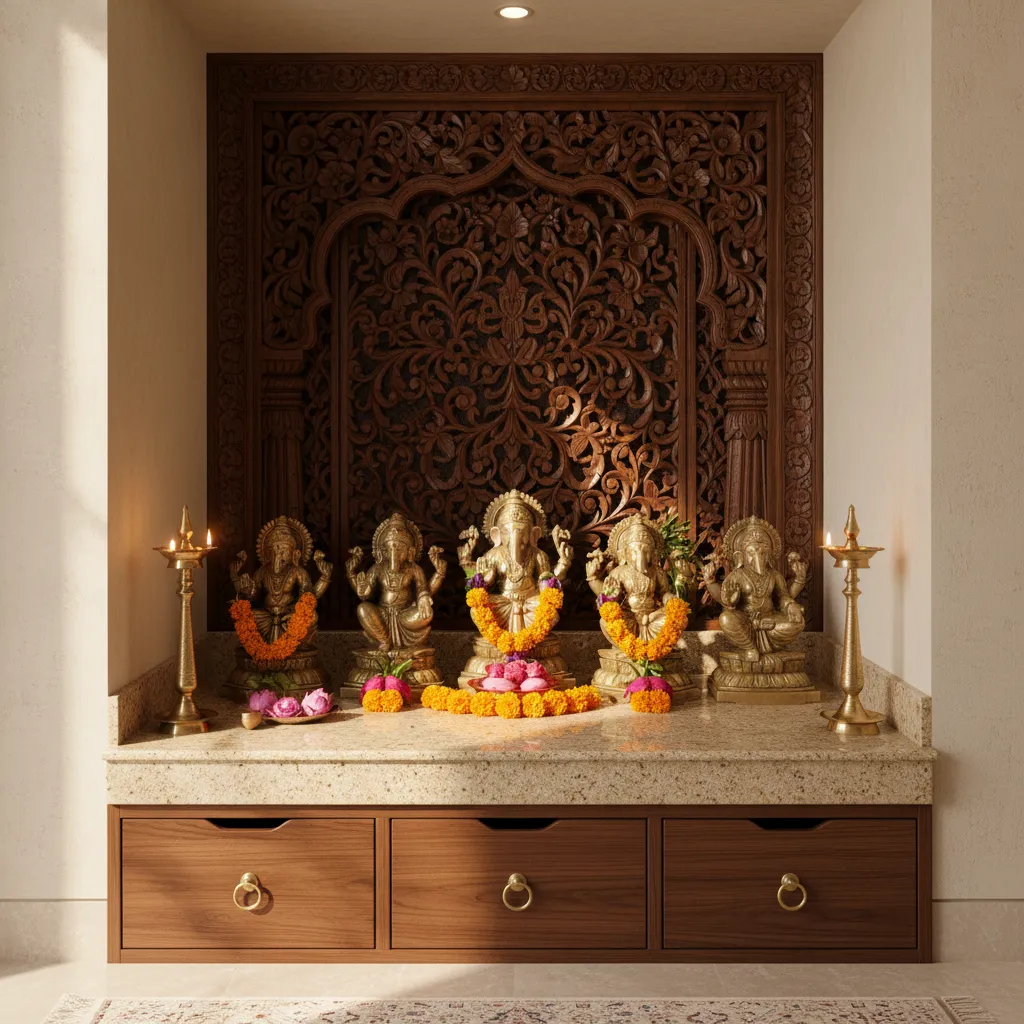 Granite pooja platform with storage drawers and wooden backdrop