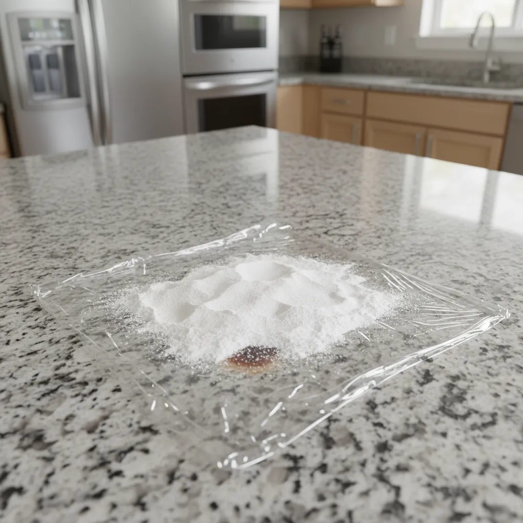 baking soda poultice applied to granite countertop stain