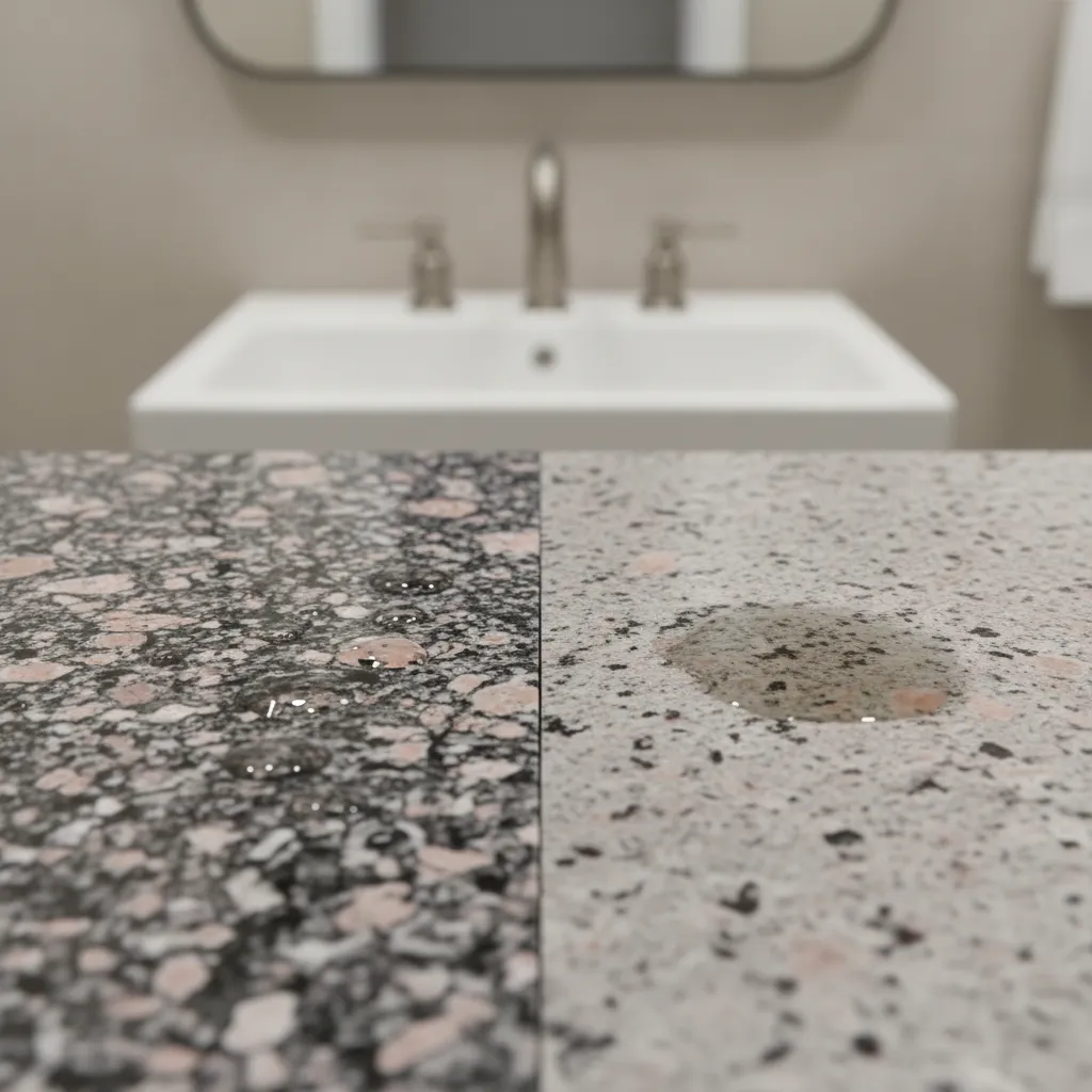 granite countertop showing difference between sealed and unsealed stone