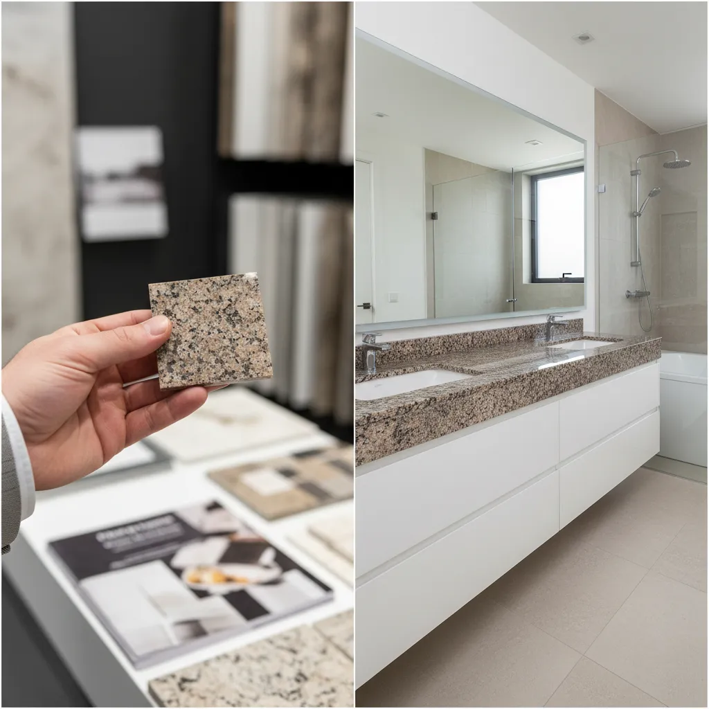 comparison between granite showroom sample and full bathroom countertop slab