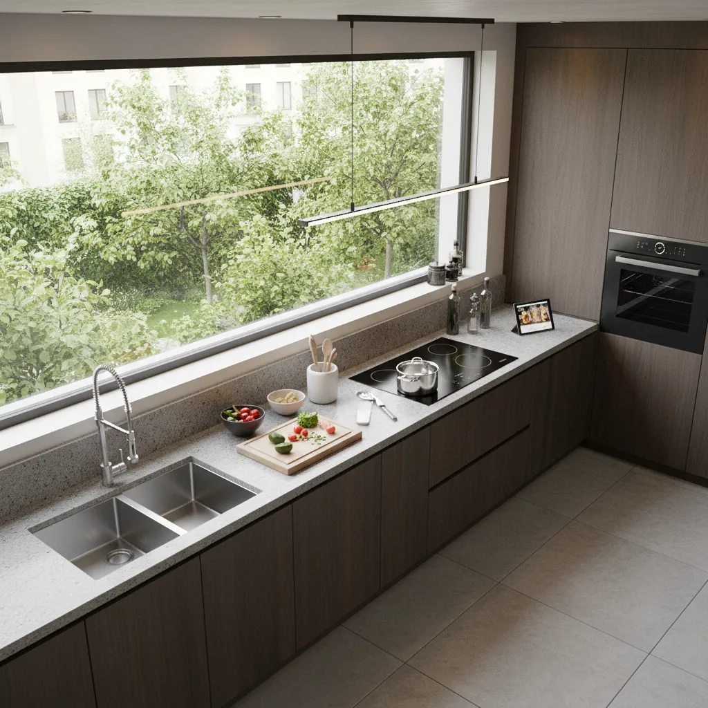 kitchen layout showing granite slab countertop workspace zones