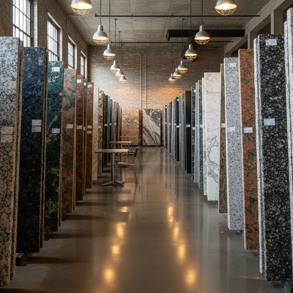 granite slabs displayed in stone warehouse showroom for countertop selection