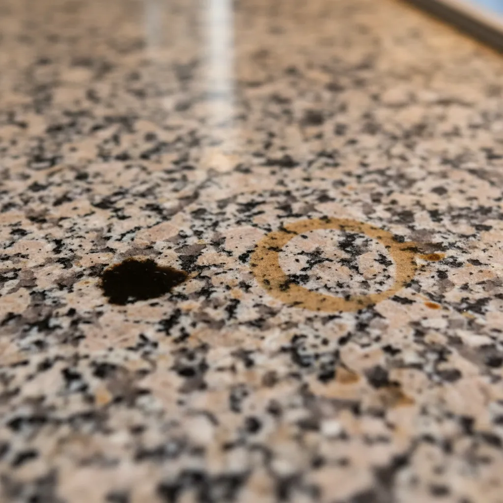 close up of granite countertop with different types of stains for identification