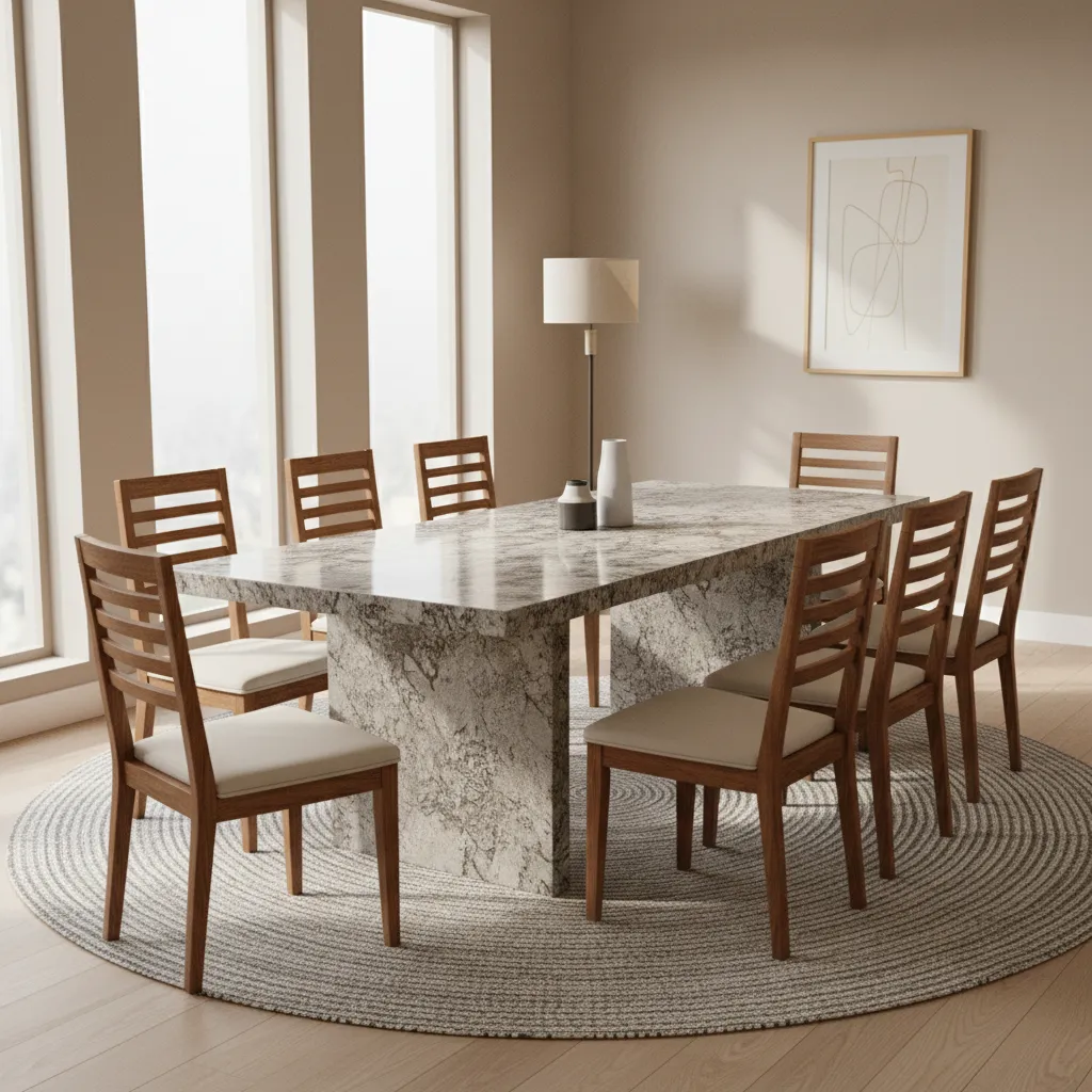 Granite dining table with solid wood dining chairs in a warm dining room