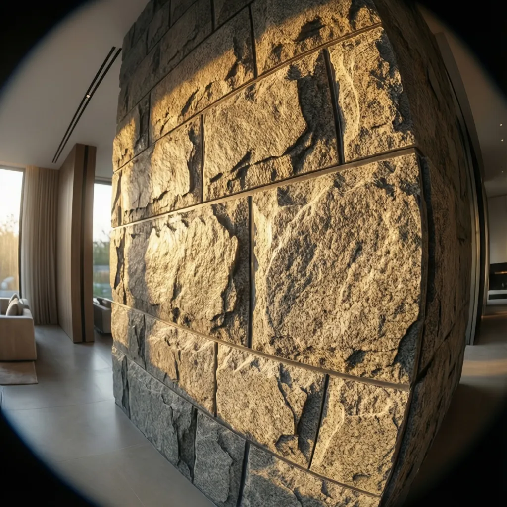 Iluminación lateral resaltando la textura de un muro de granito