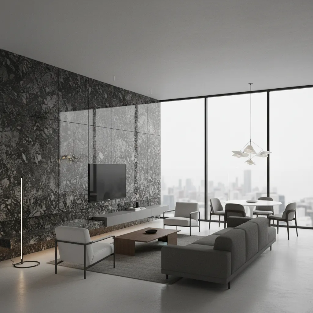 Render de interior moderno con muro de granito y mobiliario minimalista