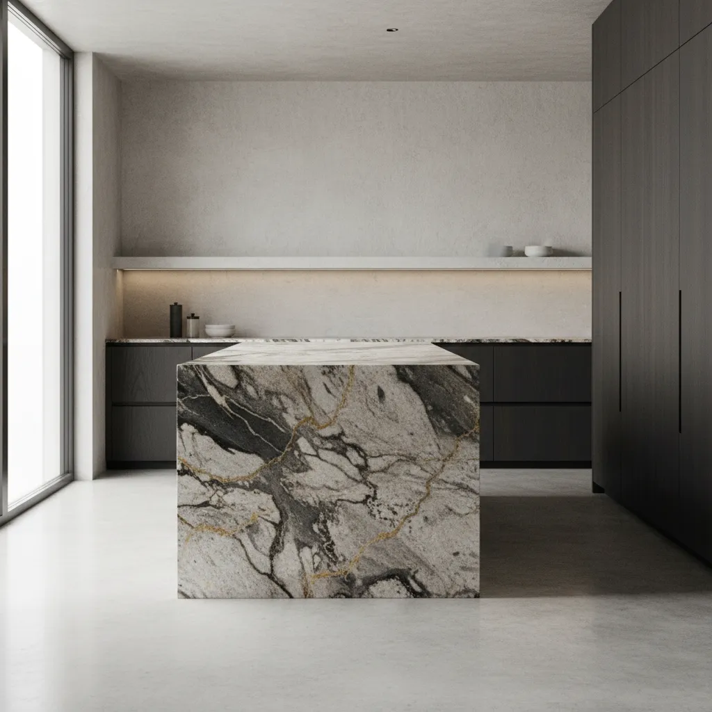 modern kitchen island with waterfall granite countertop edge