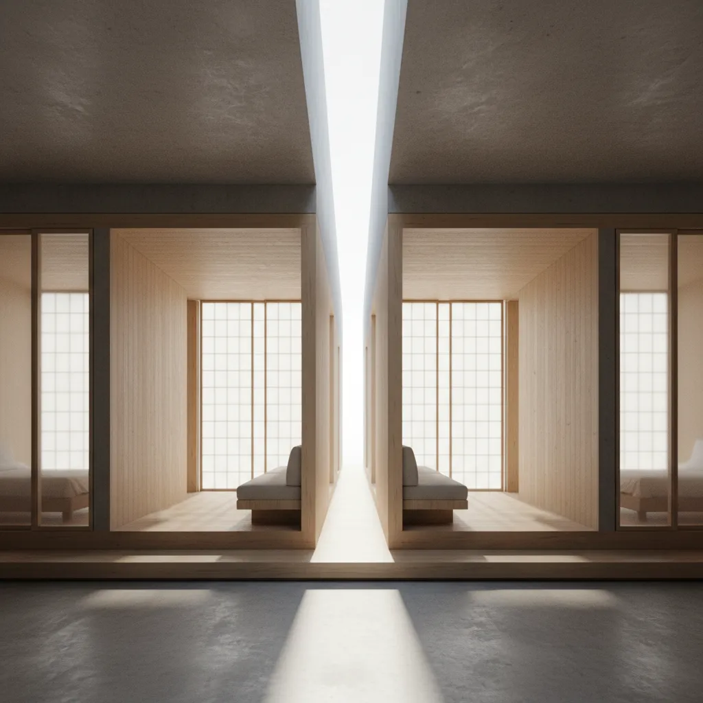 Minimalist interior design drawing featuring symmetrical wooden rooms with grey sofas and bright natural light gaps