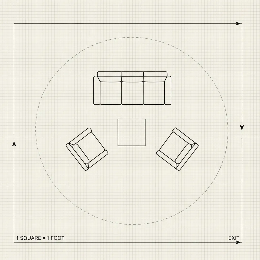 living room furniture layout drawn on graph paper with walkway spacing
