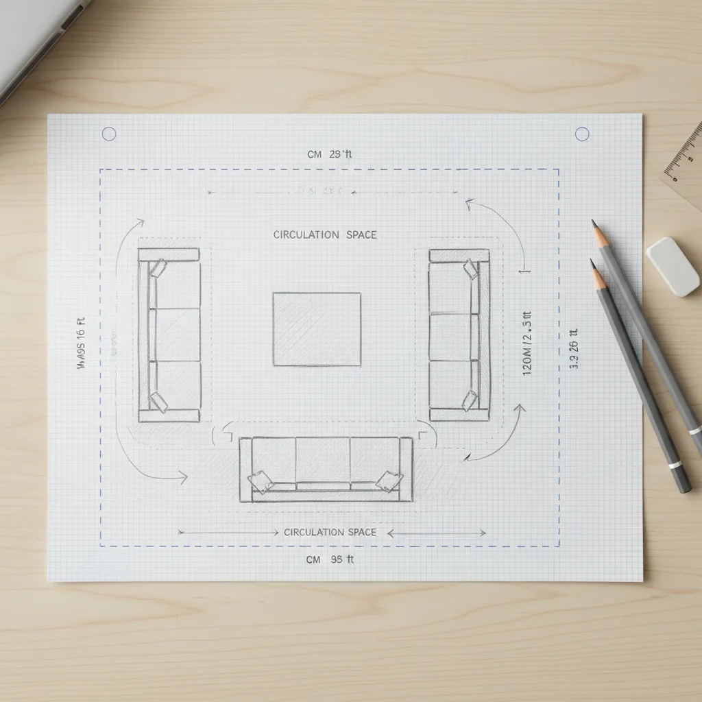 Example of room layout exercise drawn on grid paper with scaled furniture
