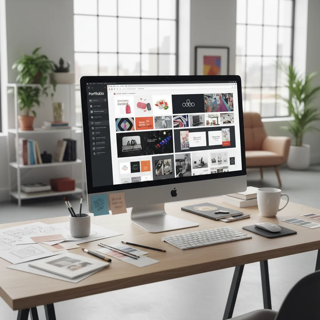 Portafolio de diseño gráfico mostrado en pantalla con varios proyectos visuales