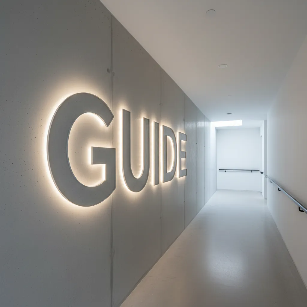 Minimalist hallway with a large illuminated guide sign on a concrete wall and black handrail