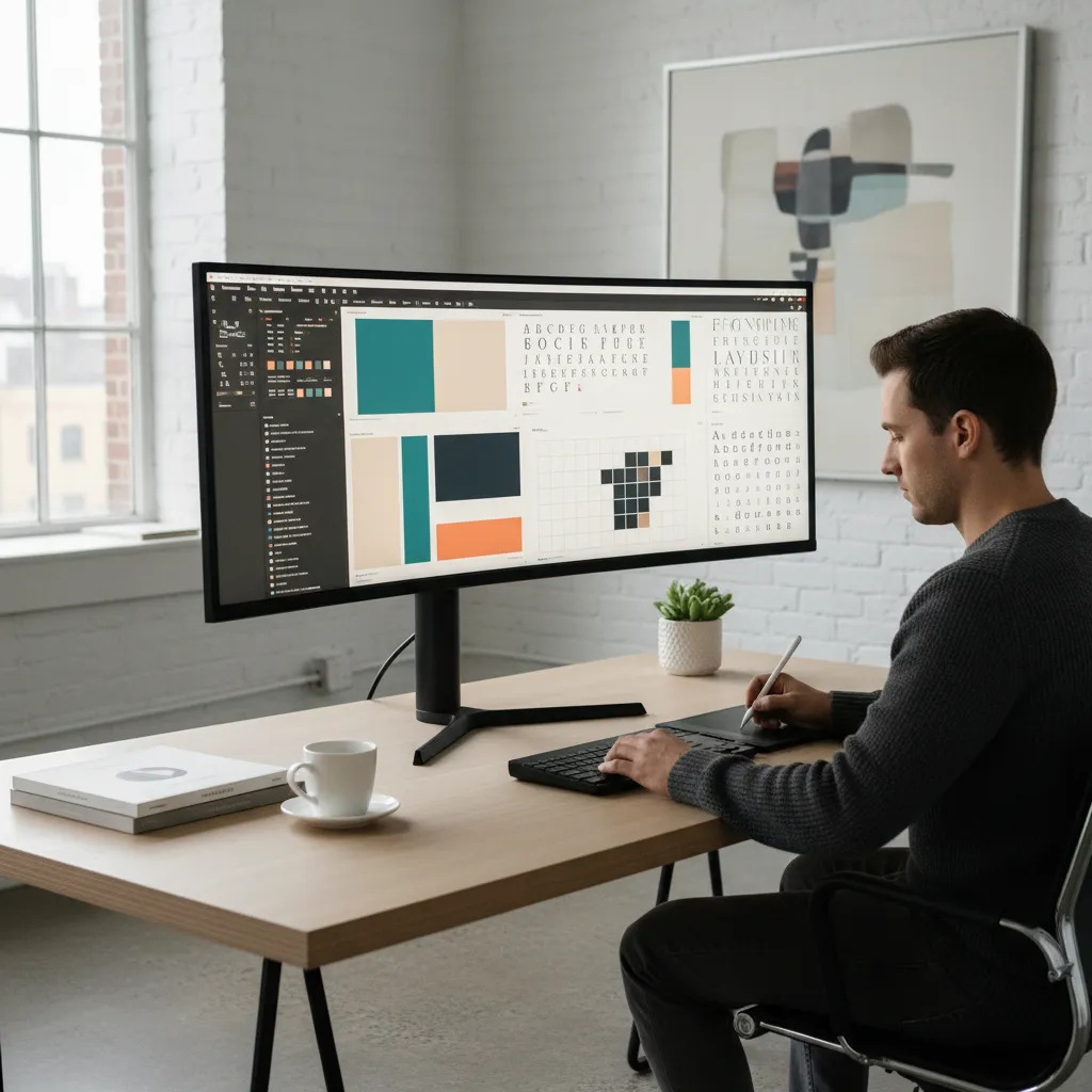 Graphic designer working on branding visuals on a large monitor in a modern studio
