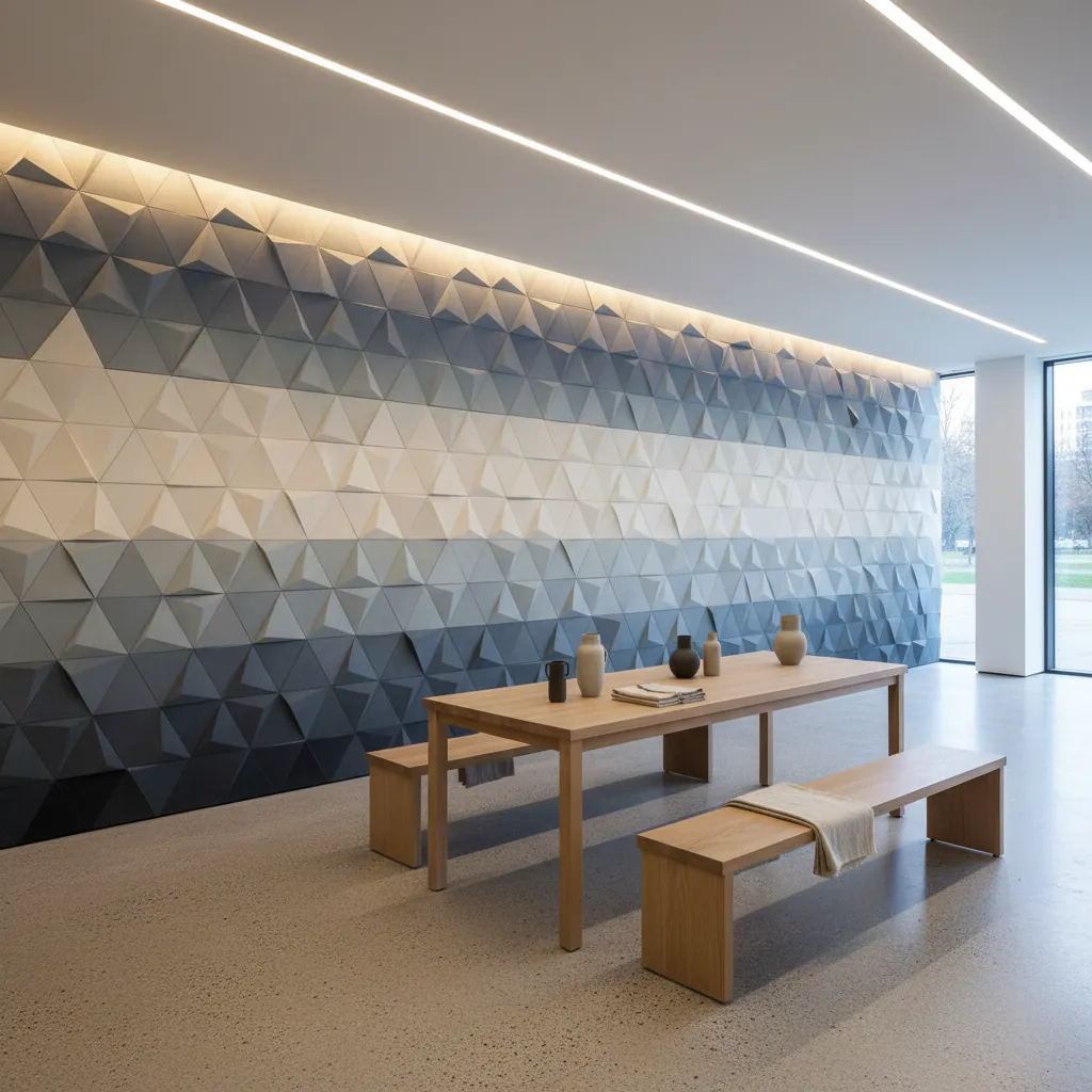 Patrón gráfico geométrico aplicado a una pared en un espacio comercial