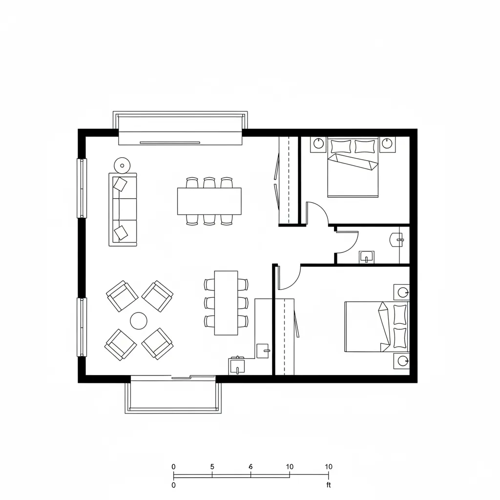Floor plan with segmented graphic scale bar showing 0 to 10 feet measurement