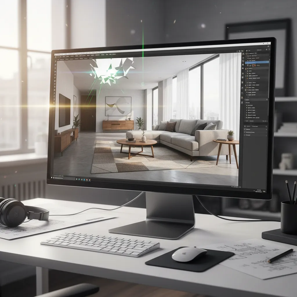 home design simulation showing rendering glitches and lighting errors