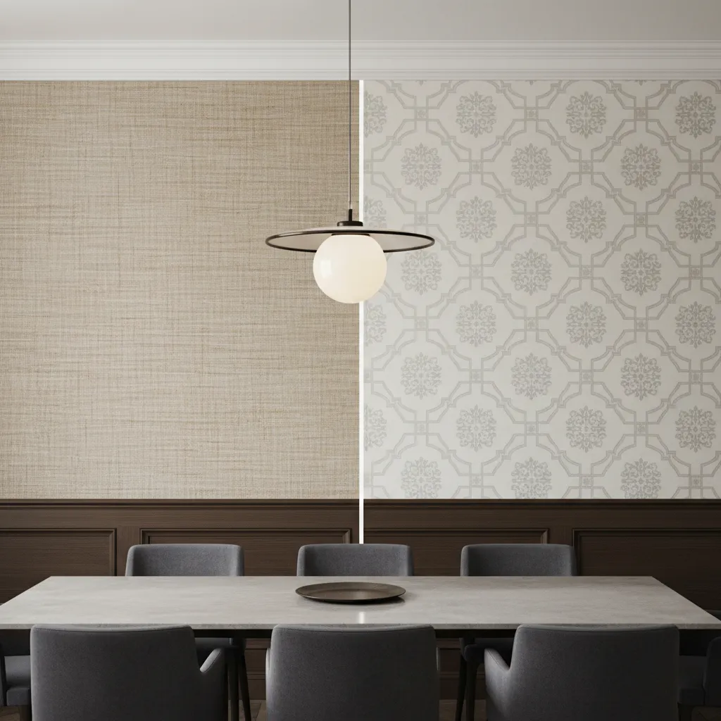 Comparison of grasscloth and vinyl luxury wallpaper textures in dining room