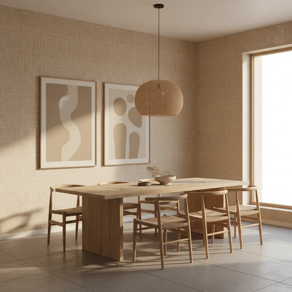 Dining room wall with natural grasscloth wallpaper texture and organic interior design