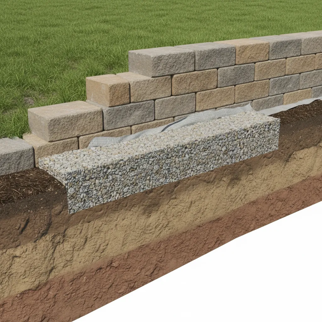 cross section diagram style render showing gravel base depth under a freestanding landscape wall