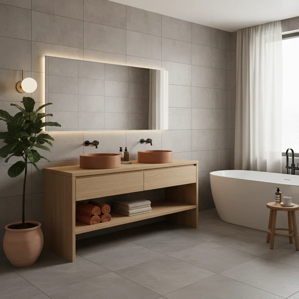 Gray bathroom with warm terracotta and wood accents