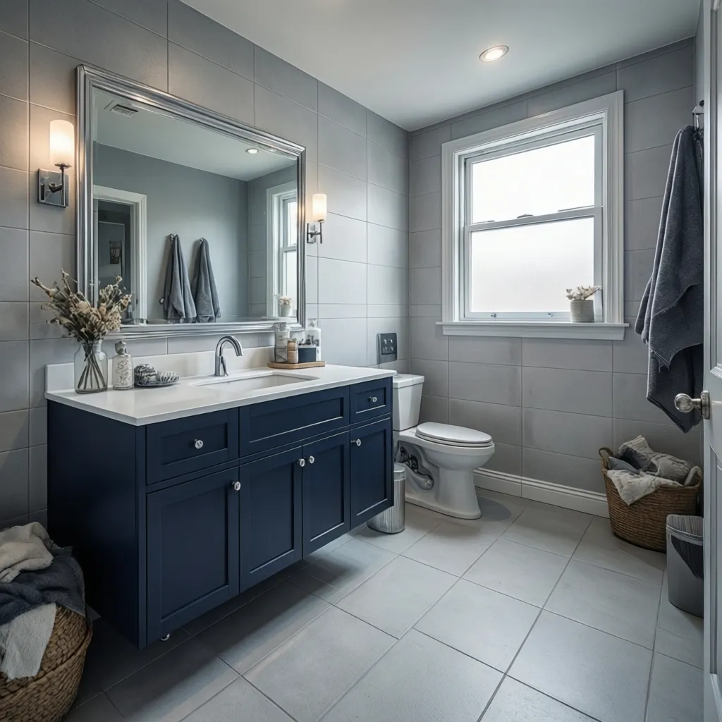 gray bathroom vanity area with navy accent color highlights