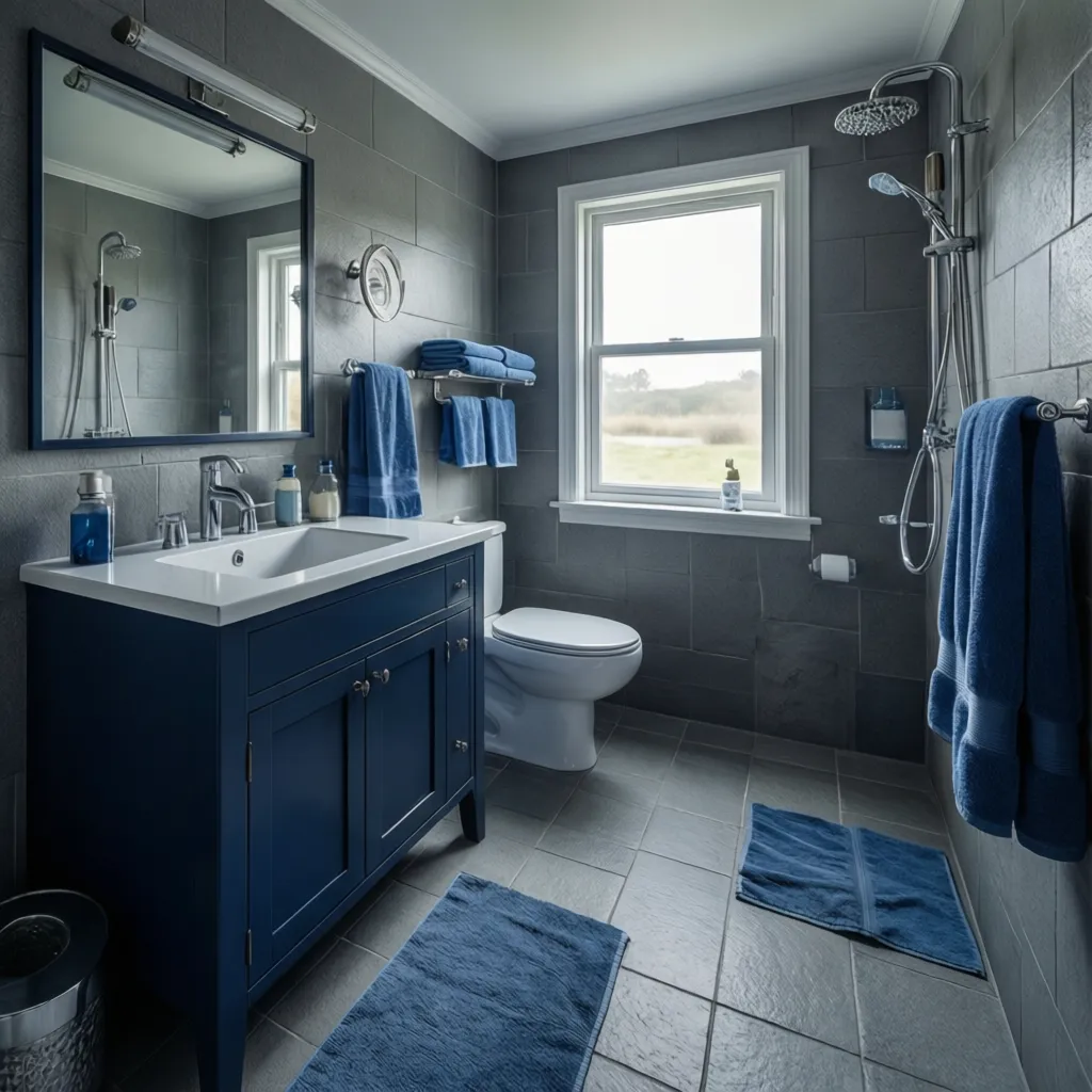 Gray bathroom with navy vanity and blue accent decor